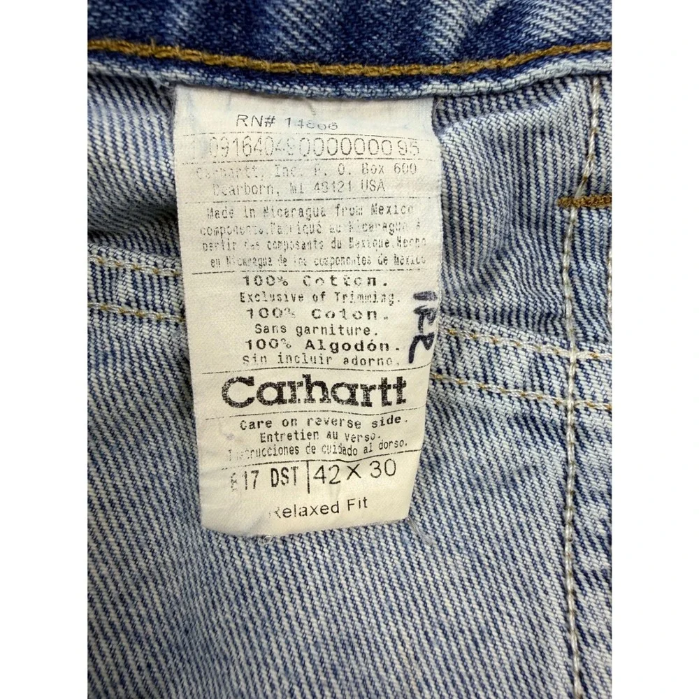 Carhartt Mens Relaxed Fit Denim Jeans Light Wash Blue 42x30 B17 DST Distressed‎